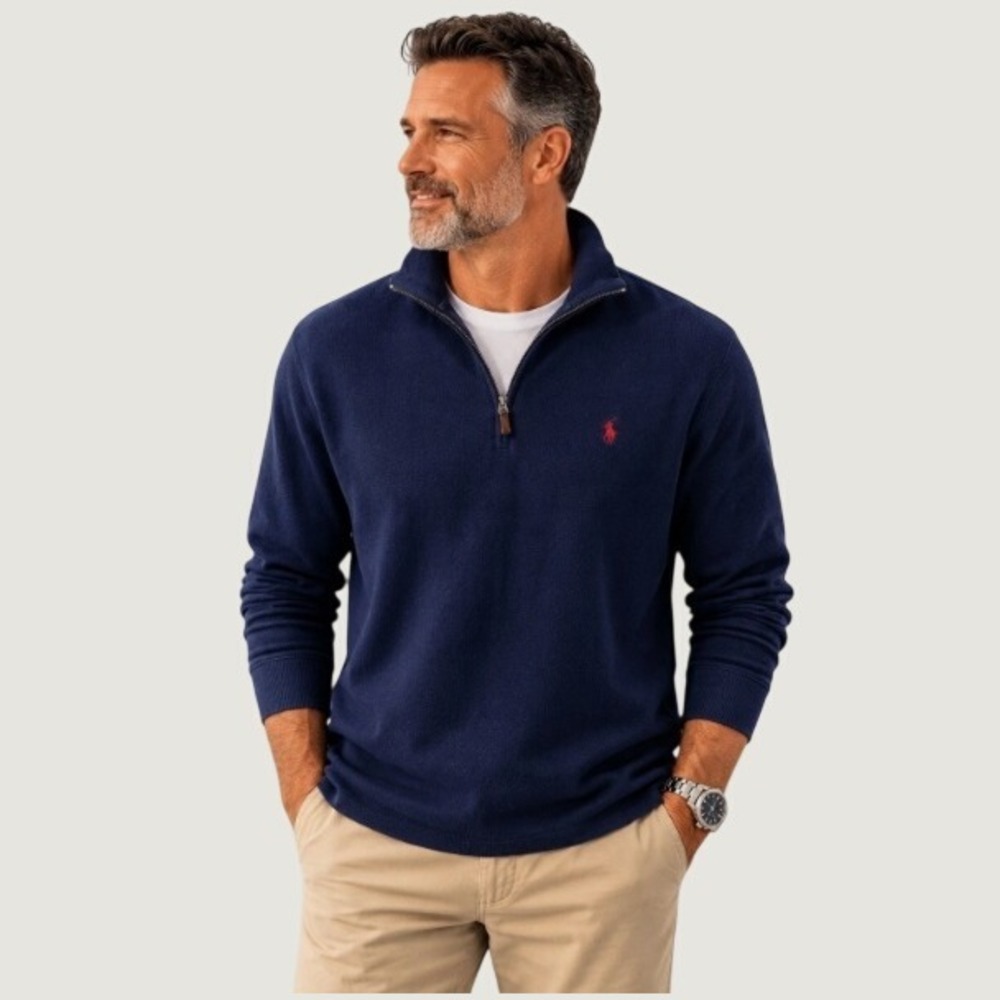 Polo Ralph Lauren Estate Rib 1/4 Zip Men L Blue Cotton Pullover Preppy Sweater